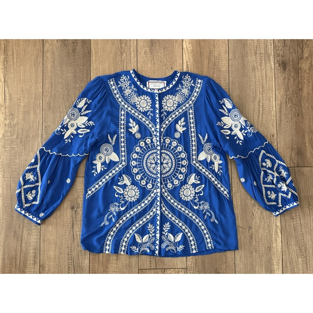 JOHNNY WAS Workshop Sm Blue Embroidered Top 100% Modal Button Up Scallop Sleeve